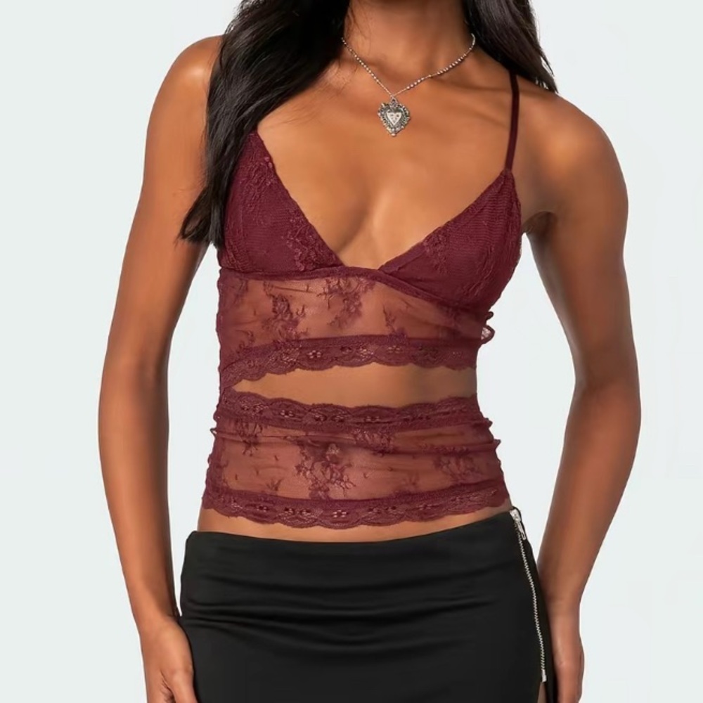 Edikted Burgundy Lace Sheer Top